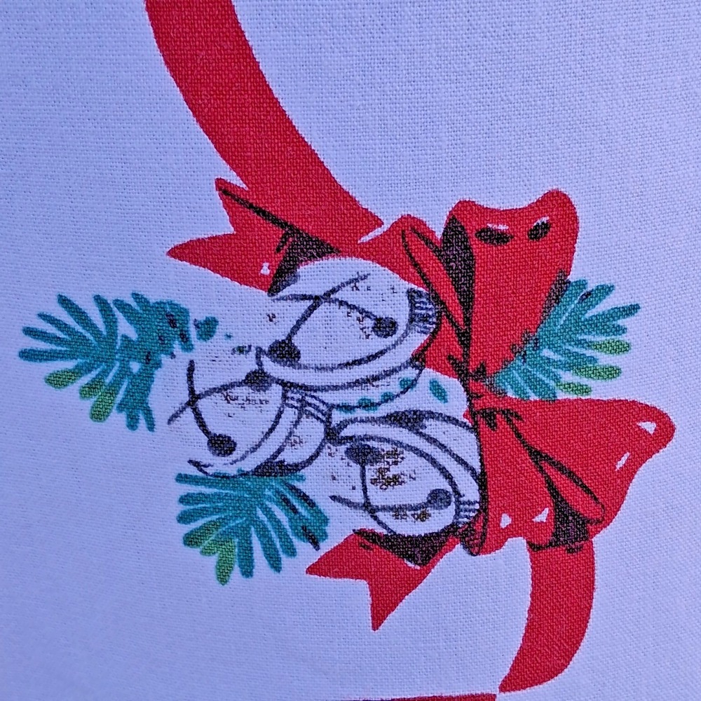 Vintage Mid Century Poinsettia Jingle Bell Cotton Tablecloth Retro Holiday 48x56 - Picture 4 of 9